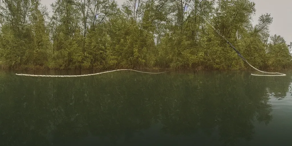 Prompt: centered photograph of a long rope snaking across the surface of the water, floating submerged rope stretching out towards the center of the lake, a dark lake on a cloudy day, mood, trees in the background, anamorphic lens, 4 k