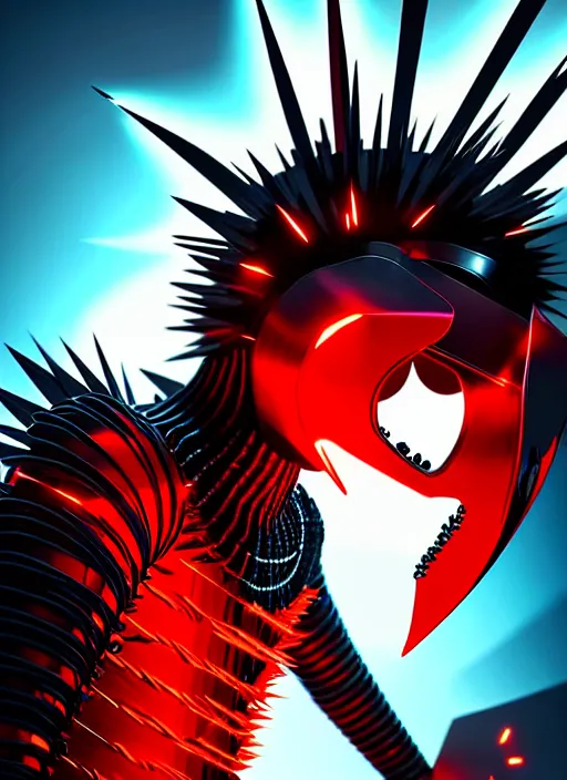 Image similar to a striking cinematic full body manga portrait of a long black haired masked male teenager wearing imposing red jagged spiked plate armour and glowing with raging powerful red energy by hirohiko araki and beeple, fine details, digital art, character concept art, volumetric lighting, cinematic light, photorealistic