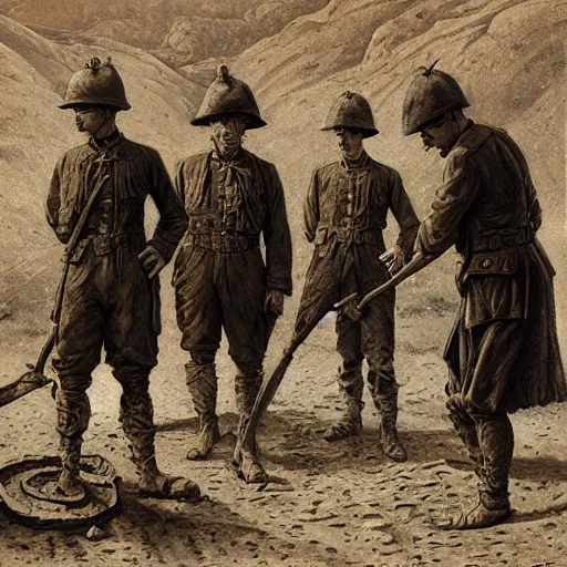 Image similar to ultra detailed photorealistic sepia - toned painting from 1 9 1 7, three british soldiers standing at an archaeological dig site in wadi rum, ultra realistic, painted, intricate details, lovecraft, atmospheric, dark, horror, brooding, highly detailed, by angus mcbride