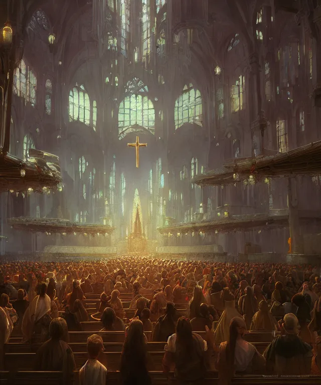 Prompt: fantasy movie scene craig mullins and ghibli and james gurney digital matte painting of a crowd in a futuristic church, strong contrast, priest, pews, ethereal, inviting, bright, raking light, unreal engine, hyper realism, realistic shading, cinematic composition, blender render, octane render, hdr, detailed textures, photorealistic, wide shot