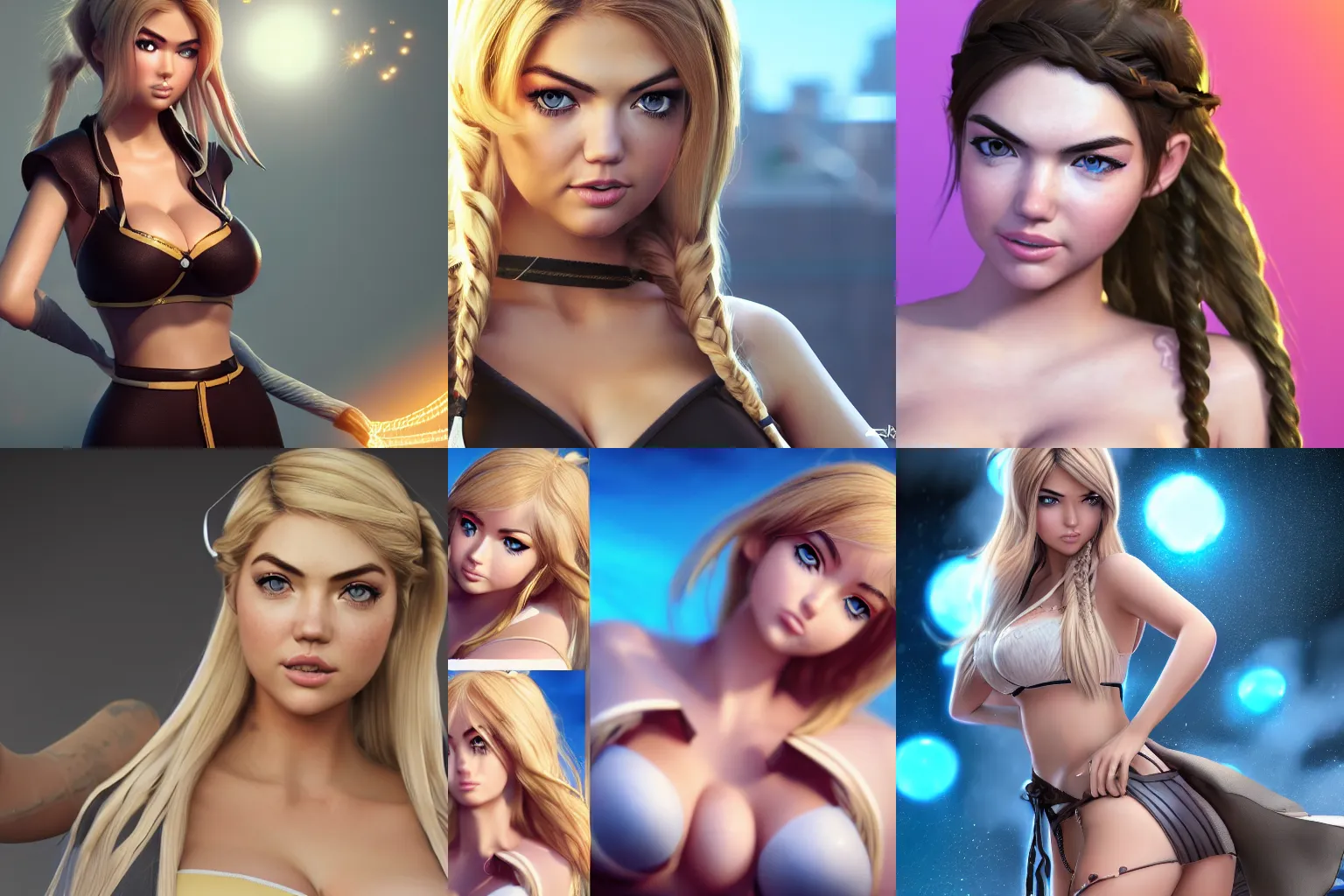 Prompt: Kate Upton render as a very beautiful 3d anime girl, hot petite, long braided hair, hazel eyes, full round face, short smile, cinematic lightning, medium shot, mid-shot, highly detailed, trending on Artstation, Unreal Engine 4k, cinematic wallpaper