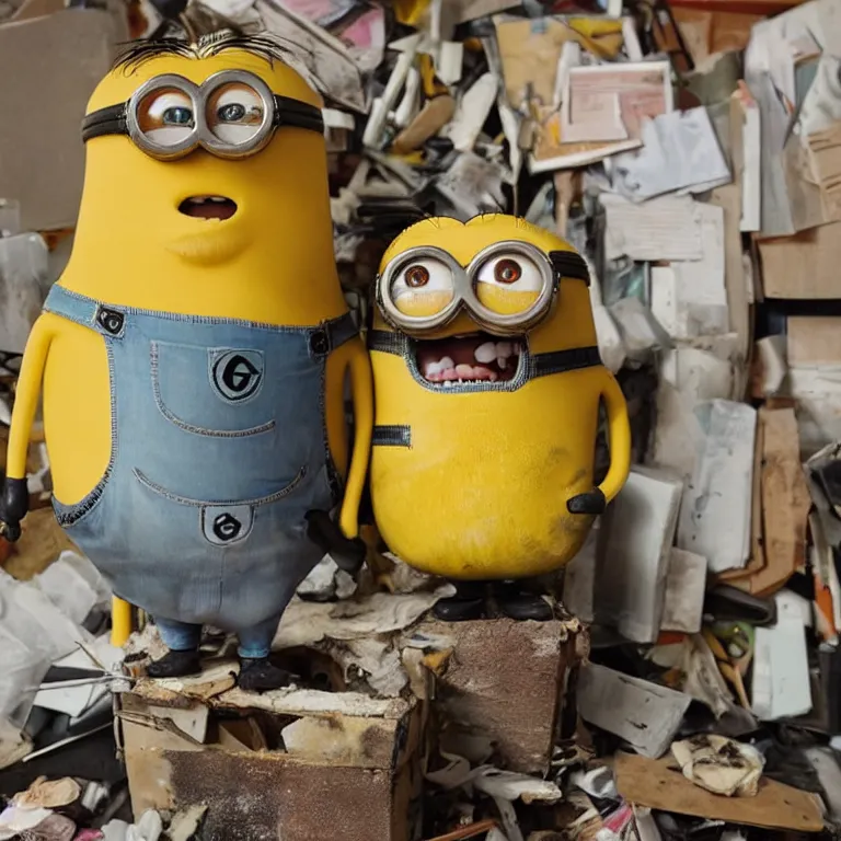 Image similar to photo of a badly taxidermied minion in a hoarder house