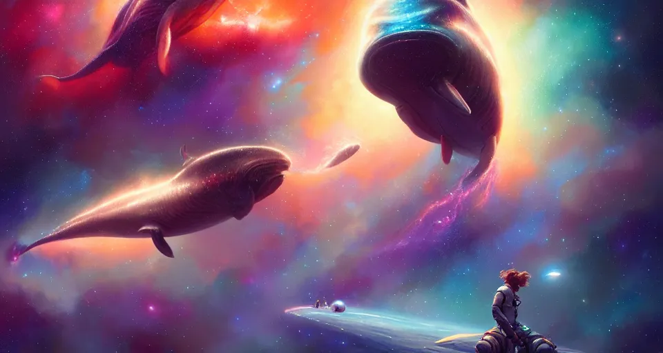 Prompt: highly detailed illustration of space whales, colorful nebula background, artstation, cinematic lighting, hyperdetailed, cgsociety, 8k, high resolution, Charlie Bowater, Tom Bagshaw, Norman Rockwell, insanely detailed and intricate