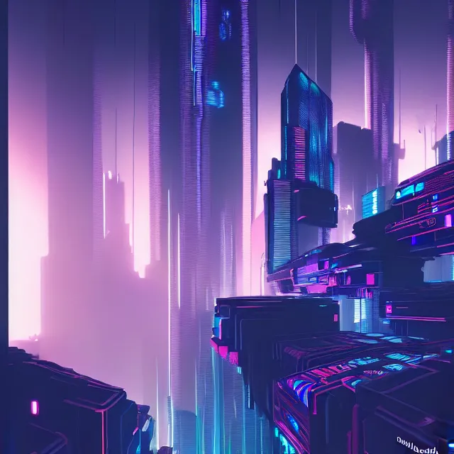 Image similar to a cyberpunk blockchain city, chains connecting separate blocks, blockchain, symmetry, intricate, volumetric lighting, beautiful, rich deep colors masterpiece, sharp focus, ultra detailed, in the style of john harris