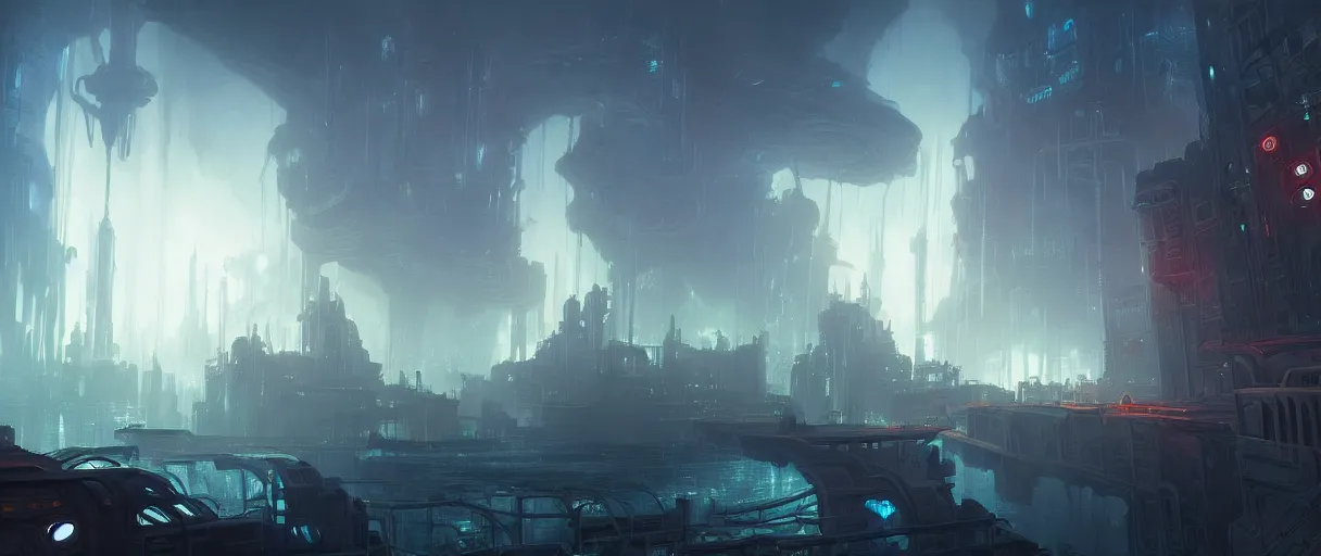 Image similar to digital painting of an underwater dystopian city, rapture from bio shock, style of Ralph Mcquarrie, concept art, high angle, high detail, cold lighting, dark, vivid, beautiful, caustics, trending on artstation, by Jordan grimmer, no focus, huge scene