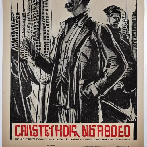 Image similar to 1 9 0 8 capitalism propaganda poster, black and white engraving on antique yellowed paper, with red ink used for emphasis, eastern european look, serious face of leader in the middle of poster, with intricate imagery of buildings and factories and laborers in the background