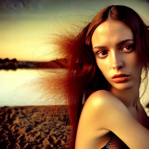 Prompt: close photographic portrait of a stunningly beautiful spanish surrealist female in soft dreamy light at sunset, beside the river, soft focus, contemporary fashion shoot, hasselblad nikon, in a denis villeneuve and tim burton movie, by edward robert hughes, annie leibovitz and steve mccurry, david lazar, jimmy nelsson, extremely detailed, breathtaking, hyperrealistic, perfect face