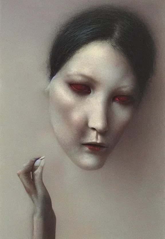 Image similar to young female with pale white skin and short black hairs, by Beksinski