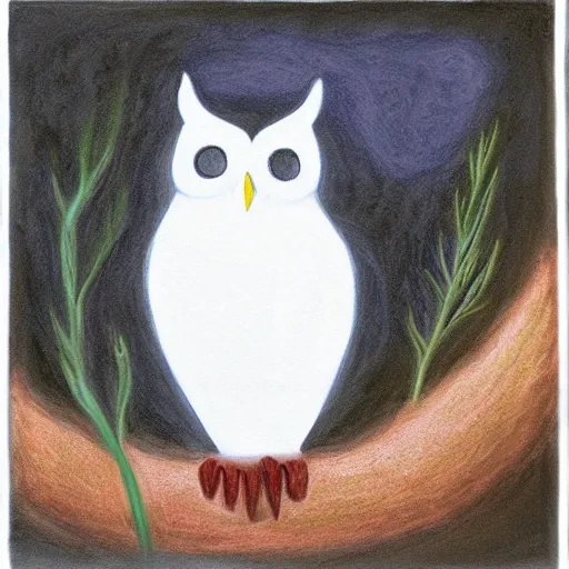 Image similar to color charcoal art, glowing white owl, in a windowsill