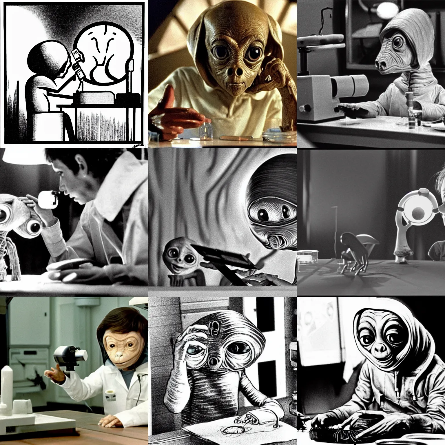 Prompt: a still photo from e. t. the extraterrestrial ( 1 9 8 2 ), e. t. is sitting at a table in a laboratory with a microscope, he is holding a little animal brain, black and white ink pen illustration, highly detailed, hyper realistic