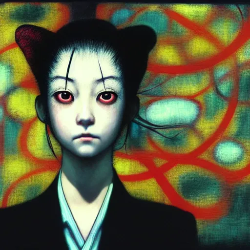 Image similar to yoshitaka amano blurred and dreamy three quarter angle portrait of a young woman with white hair and black eyes wearing dress suit with tie, playstation 2 horror game, junji ito abstract patterns in the background, satoshi kon anime, chungking express color palette, noisy film grain effect, highly detailed, renaissance oil painting, weird portrait angle, blurred lost edges