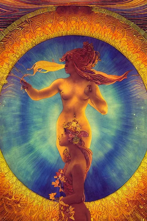 Image similar to beautiful goddess of space and dreams by maxfield parrish, mandala, coherent design, symmetrical, vivid colors, digital watercolor ink illustration painting, complementary color, golden ratio, detailed, sharp lines, sharp focus, intricate, rainbowshift, artgerm, gustave dore, alphonse mucha, octane render