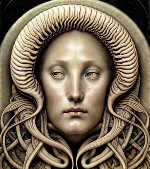 Image similar to detailed realistic beautiful nautilus goddess face portrait by jean delville, gustave dore, iris van herpen and marco mazzoni, art forms of nature by ernst haeckel, art nouveau, symbolist, visionary, gothic, neo - gothic, pre - raphaelite, fractal lace, intricate alien botanicals, biodiversity, surreality, hyperdetailed ultrasharp octane render