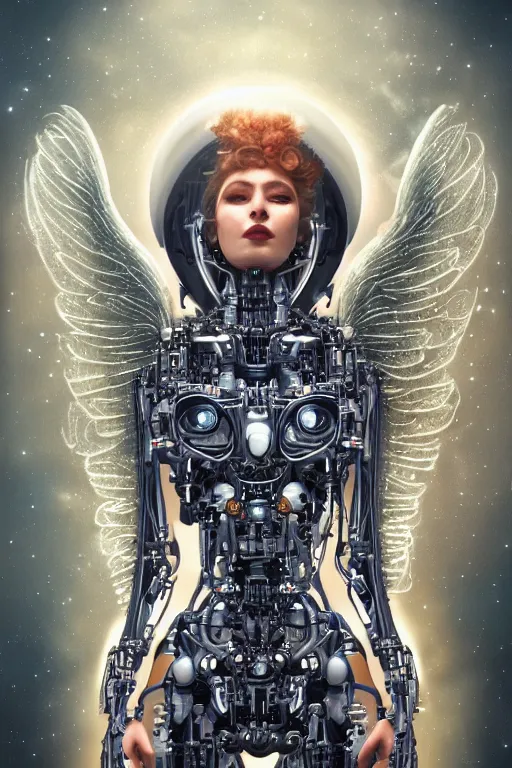 Prompt: a beautiful ultradetailed fine art photo of a cybernetic cyborg angel set against galactic space, by tom bagshaw and anna dittman, portrait, soft backlighting, bionic implants on the face, 5 0 mm lens, golden ratio composition, detailed faces, studio lighting, very detailed, industrial mechanical robot neon wings, artstation, 8 k, highly coherent