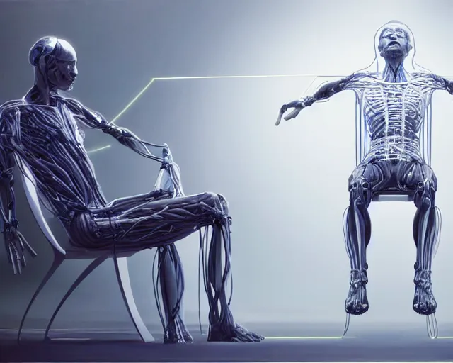 Image similar to a hyperrealistic painting of a human cyborg sitting in a chair with limbs stretched out, tied with electrical cables connected to supercomputers, flood of images flowing from his head, tesseract, vitruvian man, trending on artstation, concept art, insane details, zoomed out