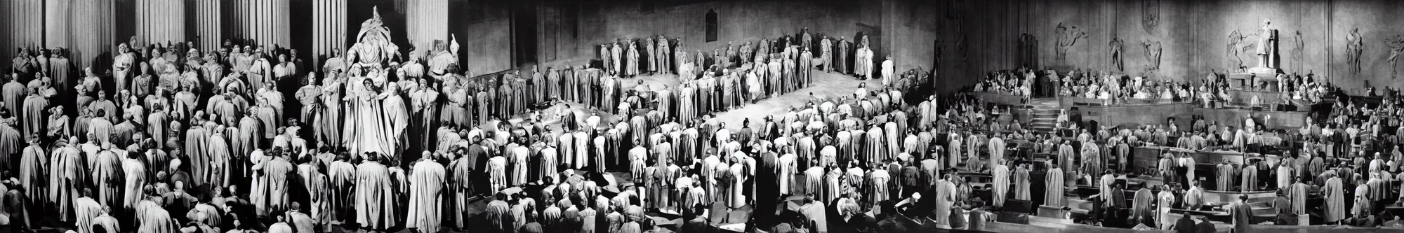 Prompt: still of the trial by orson welles starring ava gardner accused in the center of a large courtroom. in the style of the last judgement by michelangelo, cinematic, studio lighting, 5 0 mm
