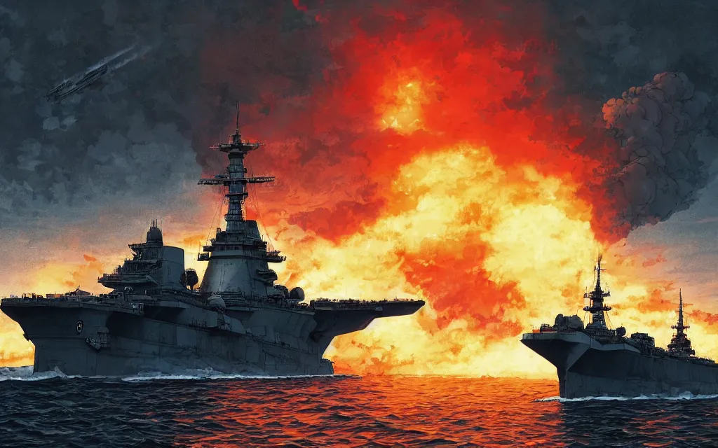 Image similar to japanese battleship yamato in front of huge nuclear explosion, in the style of james jean and laurie greasley, dynamic composition, dramatic lighting, ultra detailed