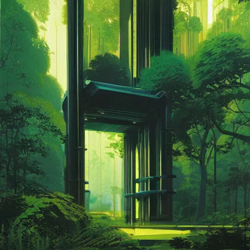 Image similar to portal in a middle of a lush futuristic forest, syd mead, john harris