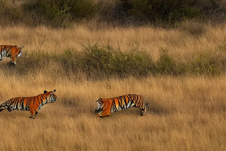 Image similar to tiger in the left, antelope in the right, the antelope is chasing the tiger, golden hour, 6 0 0 mm, wildlife photo, national geographics