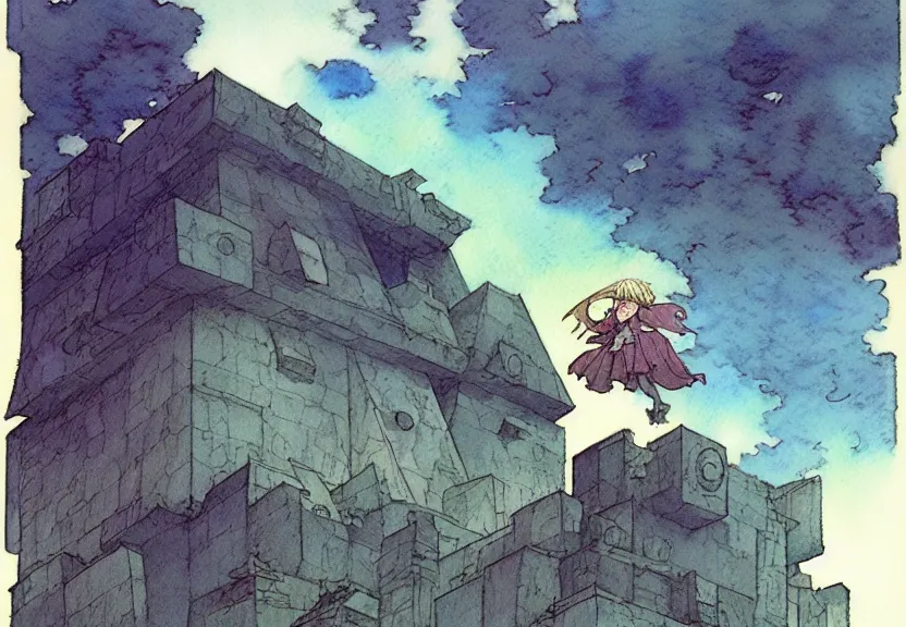 Image similar to a simple watercolor fantasy concept art of a giant dark grey cube floating in the air. by studio ghibli, rebecca guay, michael kaluta, charles vess