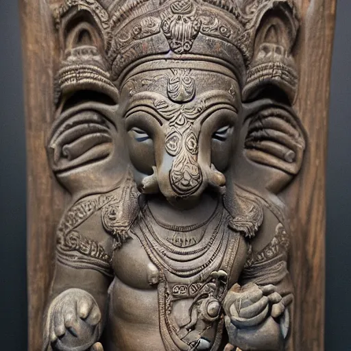 Image similar to A large. ancient wood sculpture of Ganesh, shot on canon camera, shot on 16mm film, hyper-realistic, photo