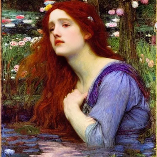 Image similar to ophelia by john william waterhouse, rosetti, monet, william holman hunt, 8 k