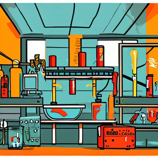 Image similar to editorial illustration of a laboratory setup from a mad scientist, zombi apocalypse, photography, fine texture, dynamic composition, detailed, dynamic perspective, colorful modern