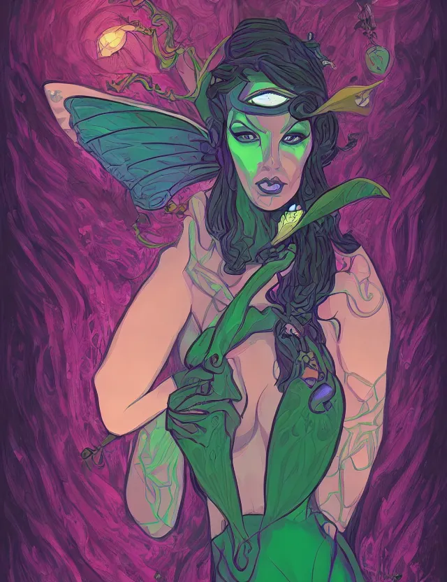 Prompt: luna moth sorceress. this heavily stylized digital painting by the award - winning comic artist has interesting color contrasts, plenty of details and impeccable lighting.