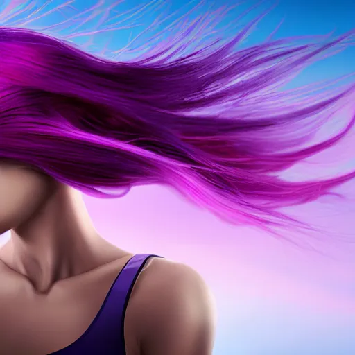 Image similar to a award winning action upper body portrait of a beautiful woman with a ombre purple pink hairstyle with head in motion and hair flying, outrun, vaporware, highly detailed, fine detail, intricate