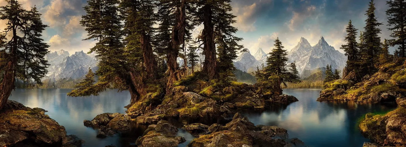 Image similar to photograph of mountains with a lake in front of them, trees on the side, rocks in foreground by marc adamus, highly detailed, intricate detail, cinematic lighting