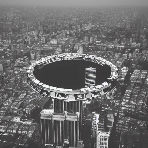 Prompt: A giant mechanical ring hovers horizontally above a city. The sky is dark and cloudy.