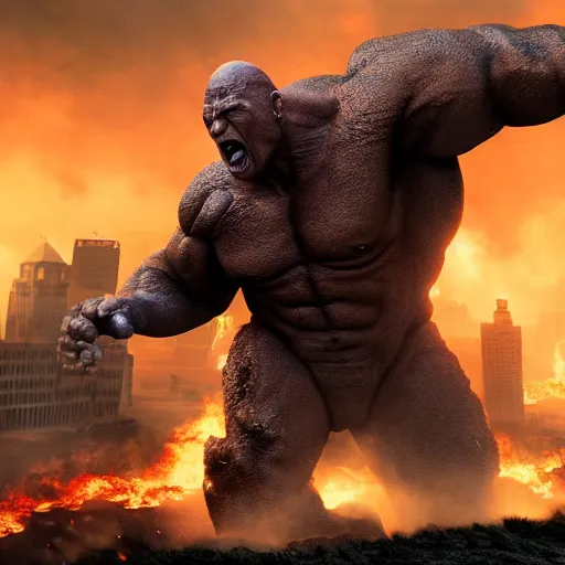 Prompt: a giant dwayne johnson kaiju attacking a city. photorealistic, cinematic, highly realistic render, wide view, wide angle, 8 k, apocalyptic, destruction, explosions, fires, smoke