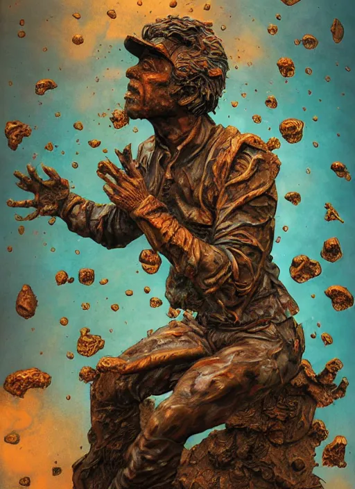 Image similar to An epic fantastic realism comic book style painting of a distressed bronze sculpture from the future by Stanislaw Szukalski, beautiful colorful flowers rain from above, fisheye lens, unreal 5, DAZ, hyperrealistic, octane render, dynamic lighting