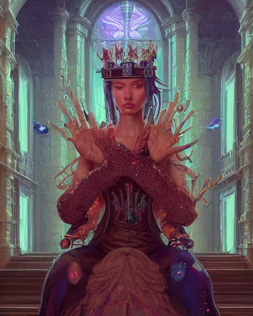 Image similar to highly detailed surreal vfx portrait of a cyberpunk queen in a majestic castle by golden tree, stephen bliss, unreal engine, greg rutkowski, loish, rhads, beeple, makoto shinkai and lois van baarle, ilya kuvshinov, rossdraws, tom bagshaw, alphonse mucha, global illumination, detailed and intricate environment