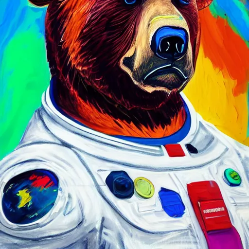Image similar to a head and shoulder portrait of bear beast-man in space suit, painted in the colorful and expressive style of Kotwdq, trending on Artstation 8k photorealistic