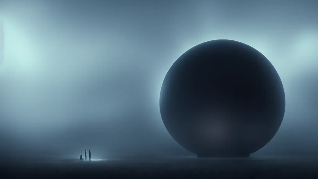 Image similar to luminous lines stretch from the black sphere that is located above the small city in the fog, fog, volumetric lighting, mystique, atmospheric, sharp focus, ultra detailed, ross tran, thierry doizon, kai carpenter, ignacio fernandez rios, noir art house, 4 k, 3 5 mm