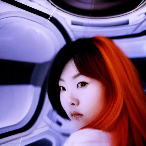 Image similar to a korean woman with long black hair and grey / black futuristic metallic clothing floating in zero - gravity in a spaceship with a white and blue futuristic interior. orange lighting, kodak film grain, expired film