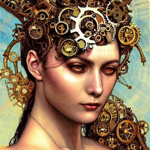 Image similar to A steampunk beautiful goddess, she half human and half robot, she is embellished with gears wheels and gemstones, by William Holman Hunt, Greg Rutkowski, Stanely Artgerm, Tooth Wu, Peter Gric, Aaron Horkey, trending on Artstation, digital art, mythological, symmetrical artwork, cinematic lighting, hyper realism, high detail, octane render, ultra realistic, golden ratio, 4k, 8k