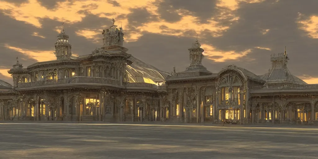 Image similar to extremely detailed ornate stunning sophisticated beautiful elegant victorian airport exterior by Henry Young Darracott Scott and Francis Fowke, stunning volumetric light, stainless steal, concrete, translucent material, beautiful sunset, tail lights