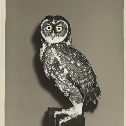 Prompt: an old and grainy black and white medical photograph of an owl afflicted by leprosy