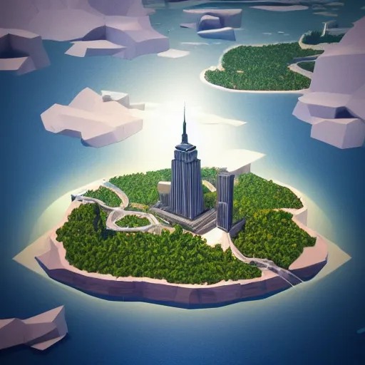 Image similar to new york as an island floating in the sky, low poly, isometric art, 3d art, waterfall, high detail, artstation, concept art, behance, ray tracing, smooth, sharp focus, ethereal lighting