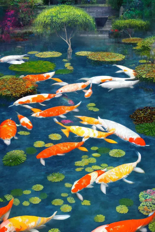 Image similar to nenufar in a pond surrounded by koi carp, colorful, blue backgroung,clean, joyful, intricate, elegant, volumetric lighting, scenery, digital painting, highly detailed, artstation, sharp focus, illustration, concept art, ruan jia, steve mccurry