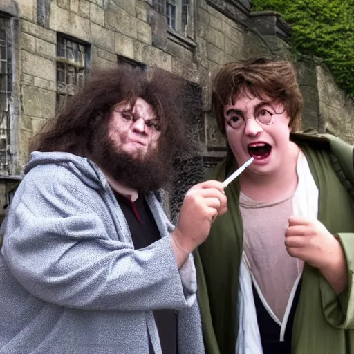 Image similar to harry potter smoking a blunt with hagrid outside hogwarts