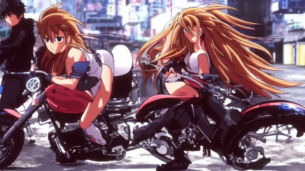 Image similar to shakira in a motorcycle in a scene of the anime movie Akira.