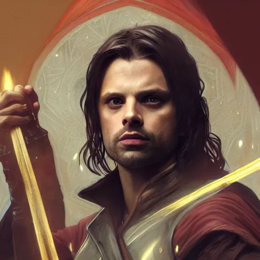 Image similar to sebastian stan as aragorn by leonardo divinci, greg rutkowski, alphonse mucha, mystical cosmic lighting, octane render, artstation, rey tracing, golden ratio, rule of thirds, perfect composition