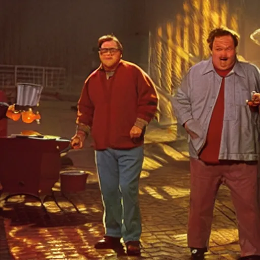 Image similar to robin williams and john candy wearing bbq sauce - stained clothing, wandering through the diner labyrinth, bbq sauce flashlights, global illumination, gold dappled light, style of timesplitters