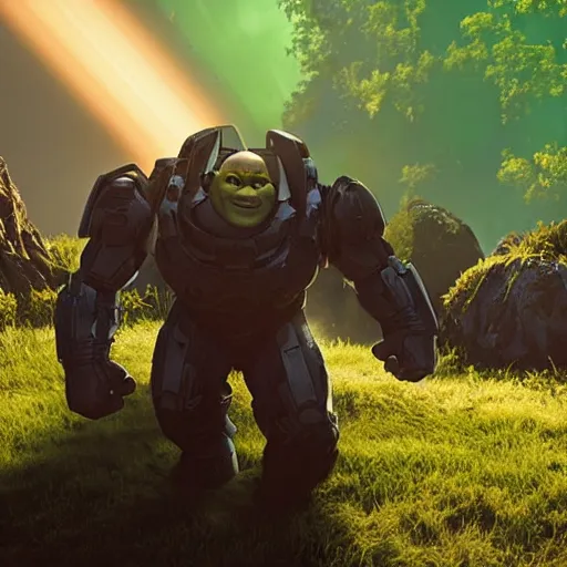 Image similar to shrek as superman in halo 5, splash art, movie still, cinematic lighting, dramatic, octane render, long lens, shallow depth of field, bokeh, anamorphic lens flare, 8 k, hyper detailed, 3 5 mm film grain