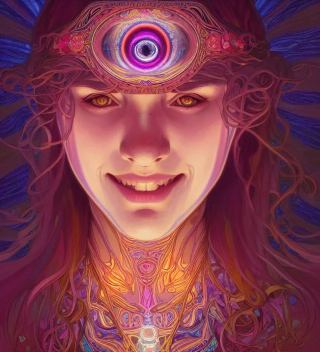 Image similar to symmetry!! portrait of hippie girl smiling, glowing eyes!! psychedelic, intricate, elegant, highly detailed, digital painting, artstation, concept art, smooth, sharp focus, illustration, art by artgerm and greg rutkowski and alphonse mucha, 8 k