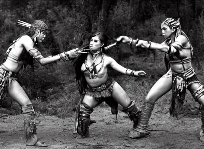 Image similar to movie, ancient Battlefield, two beautiful aztec warrior females fight, epic ,old photo, vintage, black and white, Boris vallejo, sepia, apocalypto