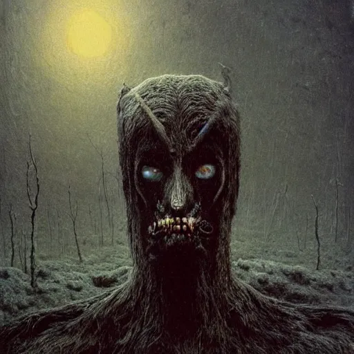 Image similar to wendigo prowling in the ancient snow mountain, beksinski